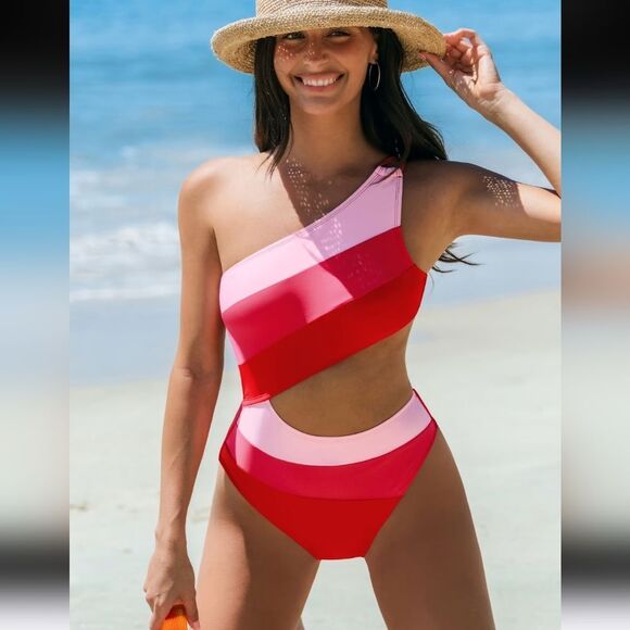 Cupshe Sweet Heart Shores Pink and Red Side Cut Out One-Shoulder Swimsuit sx L - Picture 1 of 11
